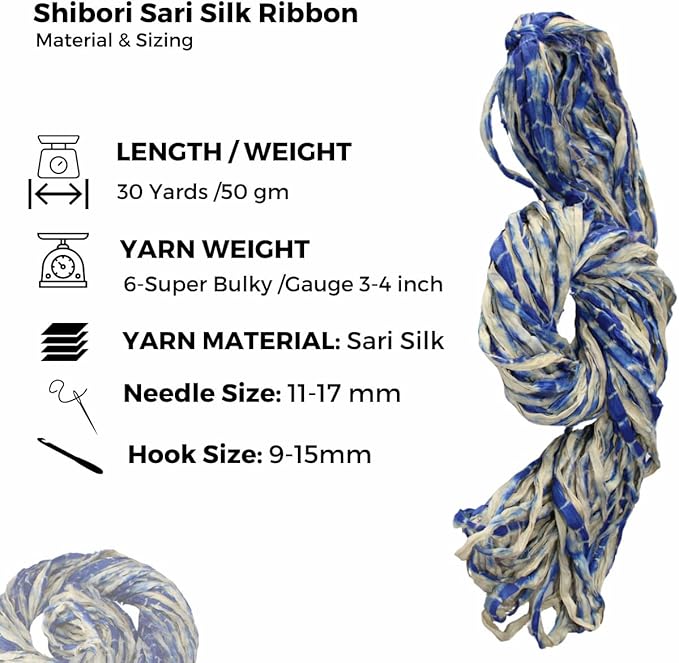 Knitsilk Recycled Shibori Sari Silk Ribbon Yarn-Royal blue