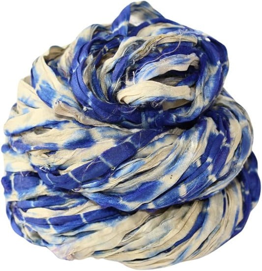 Knitsilk Recycled Shibori Sari Silk Ribbon Yarn-Royal blue