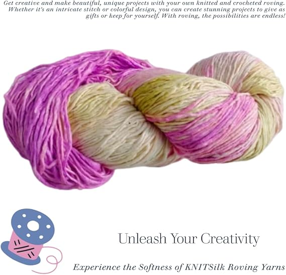 Knitsilk, 100% Recycled Silk Roving and Hand-Dyed Pure Mulberry Silk Yarn Perfect for Knitting, Crocheting, Weaving, and More 100 gm-225 Yards (Jordan)