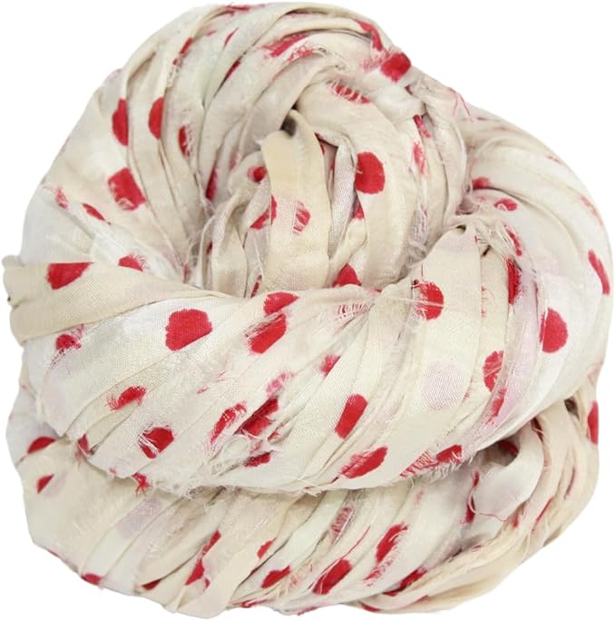 Knitsilk recycled sari silk ribbon yarn - Polka dot(Red)
