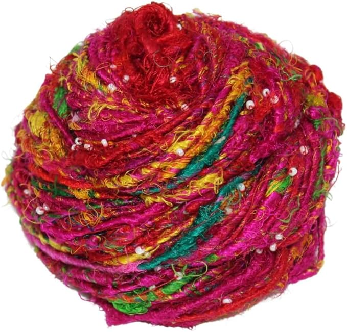 Knitsilk Recycled Sari Silk Beads Yarn – 100g | 80+ Yards | Eco-Friendly Handcrafted Material for Knitting, Crochet & Weaving