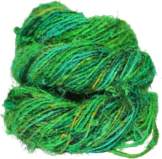 Knitsilk Premium Recycled Sari Silk Worsted Yarn(150+Yards)-Best for Knitting, Crocheting, and Jewelry Making Sustainable and Unique Texture Yarn (Ocean of green)