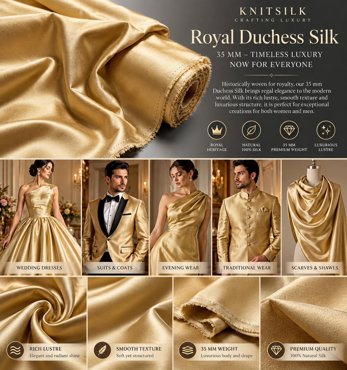 KnitSilk Royal Duchess Silk Fabric – Regal Gold | 35 Momme | 100% Silk