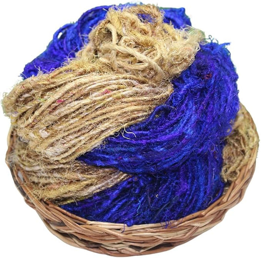 Knitsilk Handspun Recycled Sari Silk Yarn – Grey & Blue Combo | 2 x 100g Skeins | Eco-Friendly Bulky Yarn for Knitting, Crocheting & Weaving