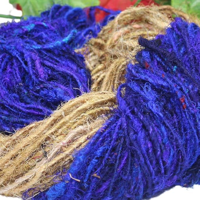 Knitsilk Handspun Recycled Sari Silk Yarn – Grey & Blue Combo | 2 x 100g Skeins | Eco-Friendly Bulky Yarn for Knitting, Crocheting & Weaving