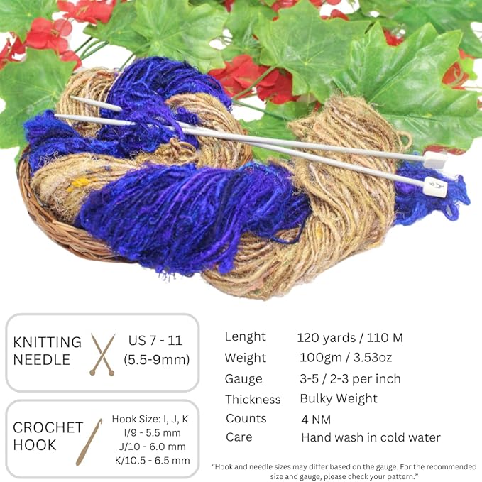 Knitsilk Handspun Recycled Sari Silk Yarn – Grey & Blue Combo | 2 x 100g Skeins | Eco-Friendly Bulky Yarn for Knitting, Crocheting & Weaving