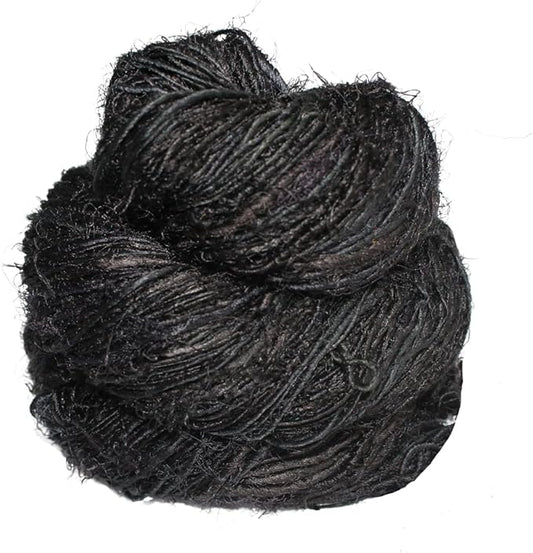 Knitsilk Premium Recycled Sari Silk Worsted Yarn(150+Yards)-Best for Knitting, Crocheting, and Jewelry Making Sustainable and Unique Texture Yarn (Black)