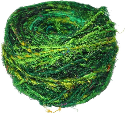Knitsilk Recycled Sari Silk Yarn – Ocean of Green Colour | 85 Yards | 100g | Eco-Friendly Handspun Fiber for Knitting, Crochet & Weaving