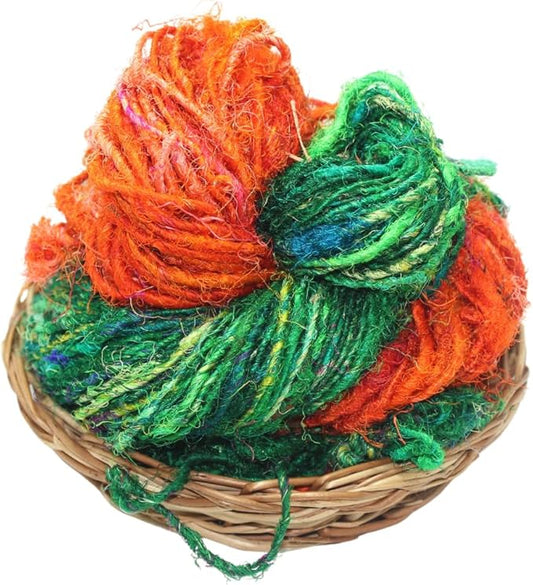 Knitsilk Handspun Recycled Sari Silk Yarn – Orange & Green Combo | 2 x 100g Skeins | Eco-Friendly Bulky Yarn for Knitting, Crocheting & Weaving