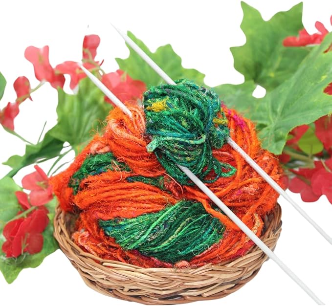Knitsilk Handspun Recycled Sari Silk Yarn – Orange & Green Combo | 2 x 100g Skeins | Eco-Friendly Bulky Yarn for Knitting, Crocheting & Weaving