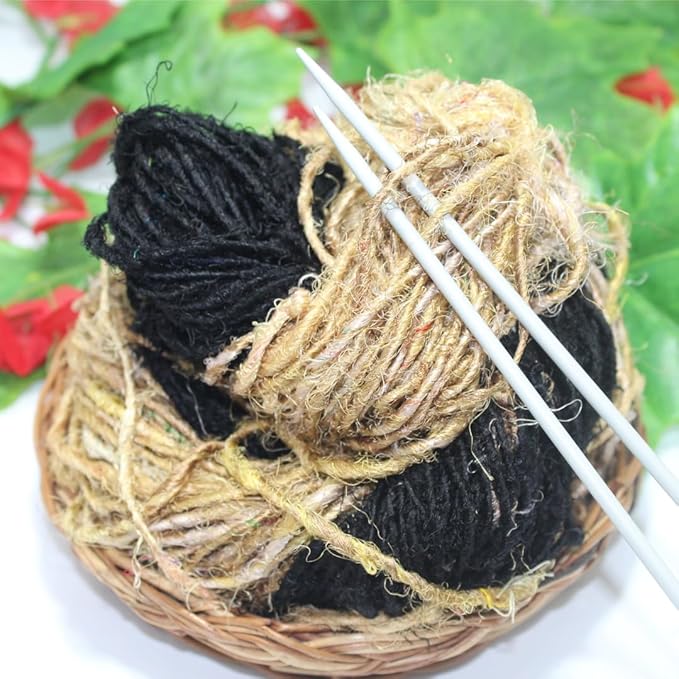 Knitsilk Handspun Recycled Sari Silk Yarn – Black & Grey Combo | 2 x 100g Skeins | Eco-Friendly Bulky Yarn for Knitting, Crocheting & Weaving