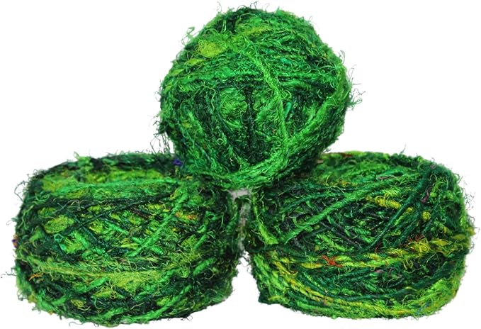 Knitsilk Recycled Sari Silk Yarn – Ocean of Green Colour | 85 Yards | 100g | Eco-Friendly Handspun Fiber for Knitting, Crochet & Weaving