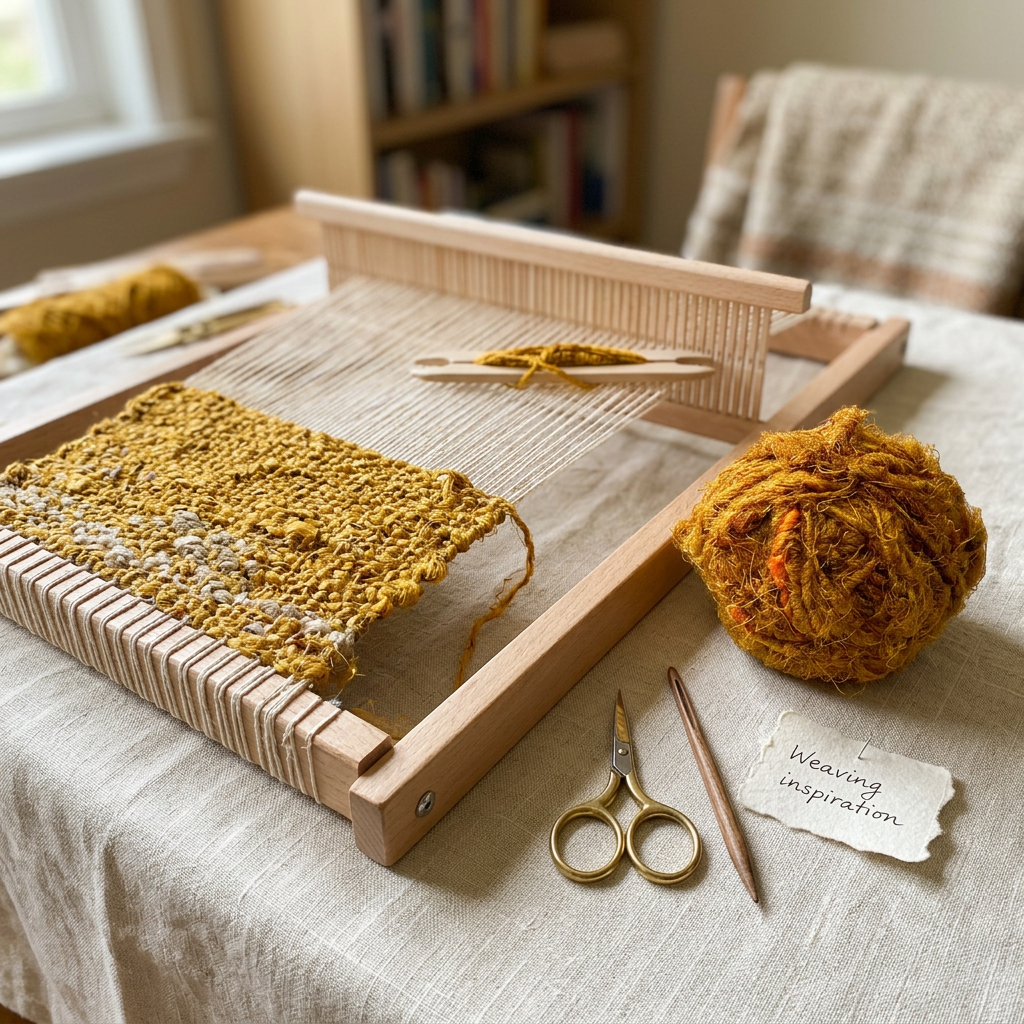 Weaving inspiration with golden Mustard textured recycled sari silk yarn on a small frame loom.