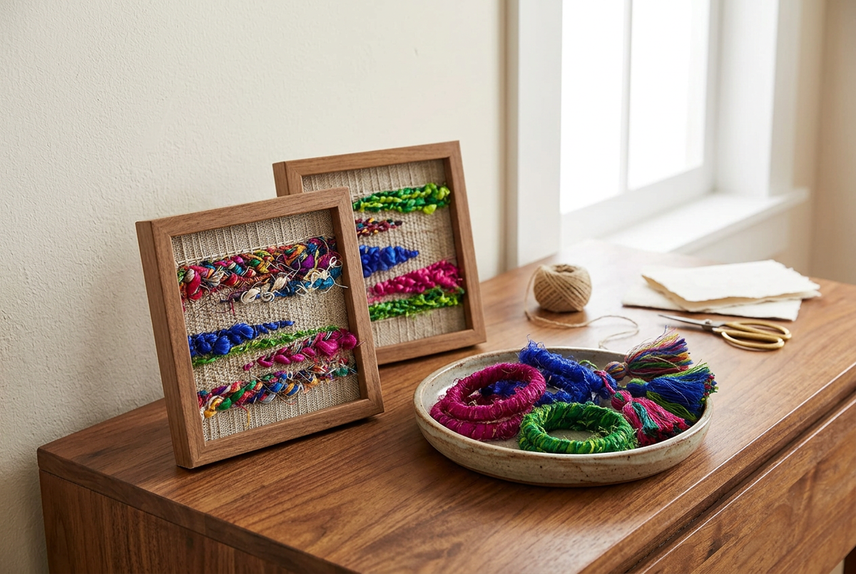 AI-generated interior lifestyle inspiration with sari silk woven art and accessories in multiple colours; not tested patterns or guaranteed yields.