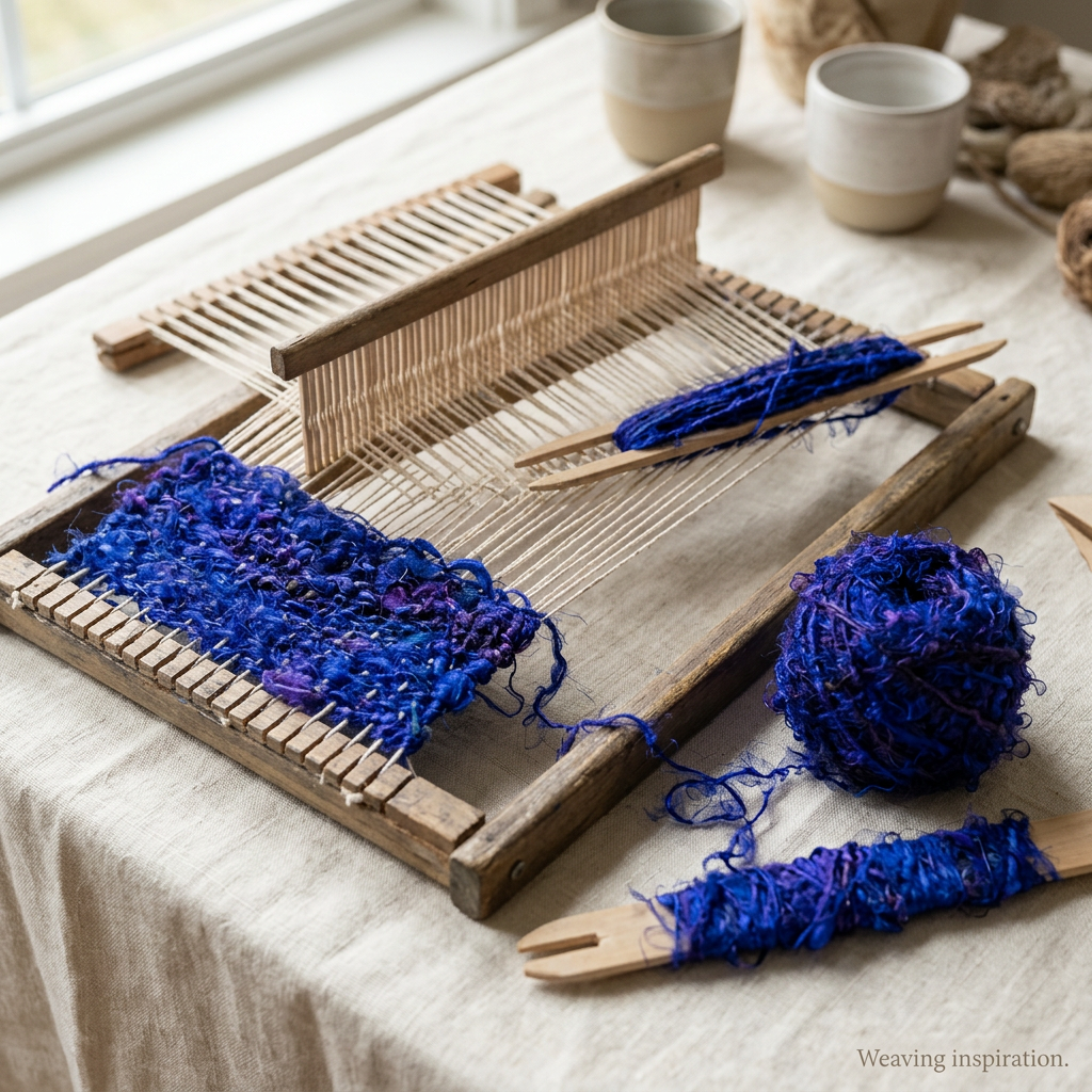 Weaving inspiration with deep royal-blue textured recycled sari silk yarn on a small frame loom.
