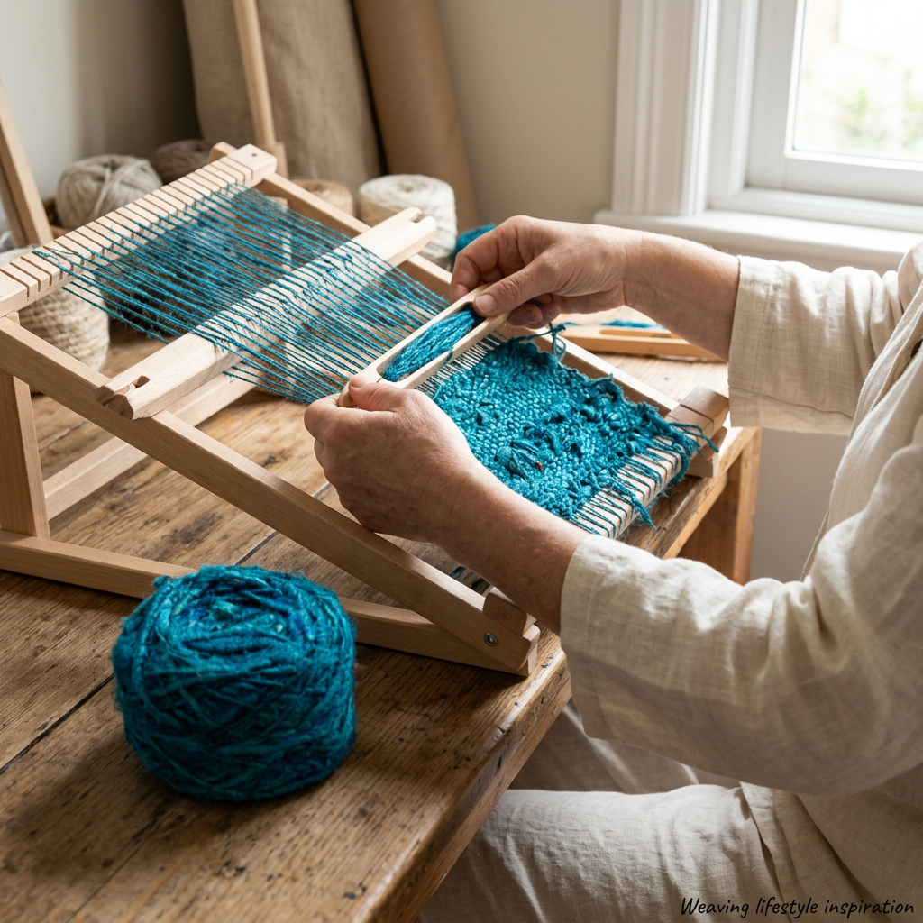 Lifestyle inspiration showing aqua blue recycled sari silk yarn used in a small tabletop weaving project.