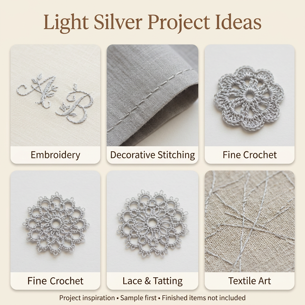 AI-generated Light Silver project inspiration: embroidery, decorative stitching, fine crochet, lace and tatting, and textile art. Sample first; finished items not included.