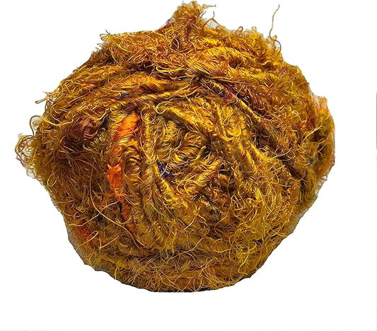 Knitsilk Recycled Sari Silk Yarn – Mustard | 85 Yards | 100g | Eco-Friendly Handspun Fiber for Knitting, Crochet & Weaving