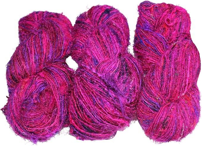 Knitsilk Premium Recycled Sari Silk Worsted Yarn(150+Yards)-Best for Knitting, Crocheting, and Jewelry Making Sustainable and Unique Texture Yarn (Magenta)