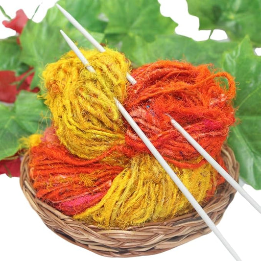 Knitsilk Handspun Recycled Sari Silk Yarn – Orange & Yellow Combo | 2 x 100g Skeins | Eco-Friendly Bulky Yarn for Knitting, Crocheting & Weaving