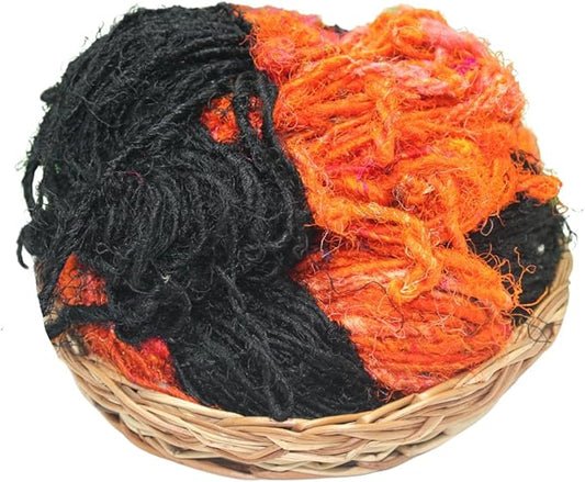 Knitsilk Handspun Recycled Sari Silk Yarn – Orange & Black Combo | 2 x 100g Skeins | Eco-Friendly Bulky Yarn for Knitting, Crocheting & Weaving