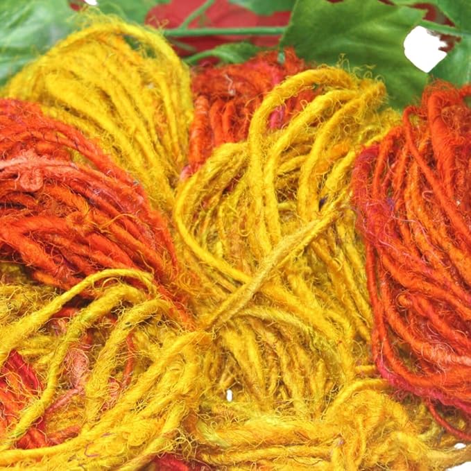 Knitsilk Handspun Recycled Sari Silk Yarn – Orange & Yellow Combo | 2 x 100g Skeins | Eco-Friendly Bulky Yarn for Knitting, Crocheting & Weaving