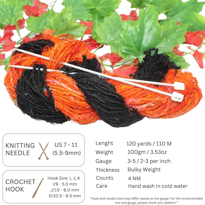 Knitsilk Handspun Recycled Sari Silk Yarn – Orange & Black Combo | 2 x 100g Skeins | Eco-Friendly Bulky Yarn for Knitting, Crocheting & Weaving