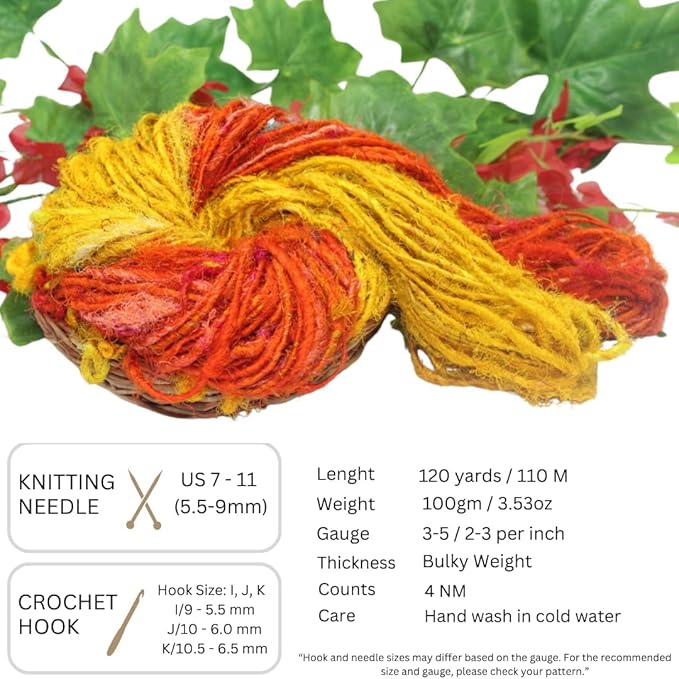 Knitsilk Handspun Recycled Sari Silk Yarn – Orange & Yellow Combo | 2 x 100g Skeins | Eco-Friendly Bulky Yarn for Knitting, Crocheting & Weaving