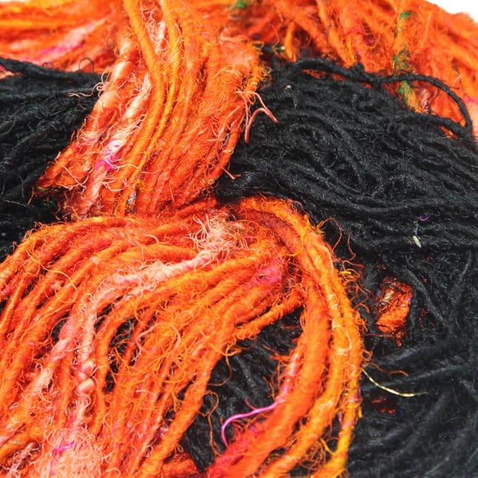 Knitsilk Handspun Recycled Sari Silk Yarn – Orange & Black Combo | 2 x 100g Skeins | Eco-Friendly Bulky Yarn for Knitting, Crocheting & Weaving