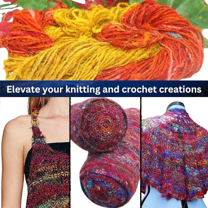 Knitsilk Handspun Recycled Sari Silk Yarn – Orange & Yellow Combo | 2 x 100g Skeins | Eco-Friendly Bulky Yarn for Knitting, Crocheting & Weaving