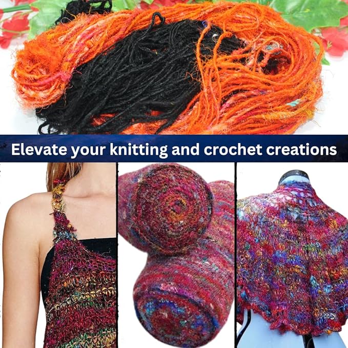 Knitsilk Handspun Recycled Sari Silk Yarn – Orange & Black Combo | 2 x 100g Skeins | Eco-Friendly Bulky Yarn for Knitting, Crocheting & Weaving