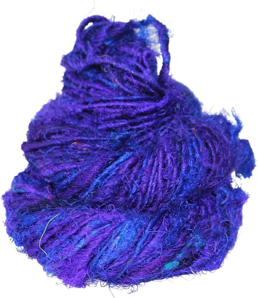 Knitsilk Premium Recycled Sari Silk Worsted Yarn(150+Yards)-Best for Knitting, Crocheting, and Jewelry Making Sustainable and Unique Texture Yarn (Purple-Blue)
