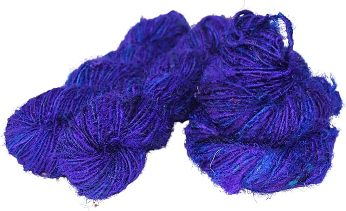 Knitsilk Premium Recycled Sari Silk Worsted Yarn(150+Yards)-Best for Knitting, Crocheting, and Jewelry Making Sustainable and Unique Texture Yarn (Purple-Blue)