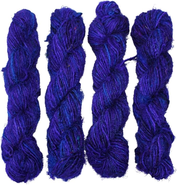 Knitsilk Premium Recycled Sari Silk Worsted Yarn(150+Yards)-Best for Knitting, Crocheting, and Jewelry Making Sustainable and Unique Texture Yarn (Purple-Blue)