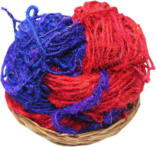 Knitsilk Handspun Recycled Sari Silk Yarn – Red & Blue Combo | 2 x 100g Skeins | Eco-Friendly Bulky Yarn for Knitting, Crocheting & Weaving