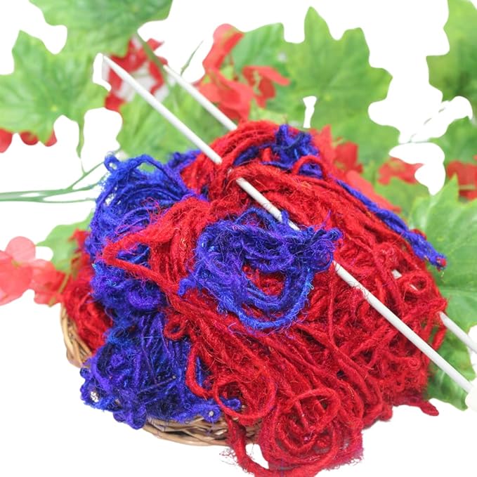 Knitsilk Handspun Recycled Sari Silk Yarn – Red & Blue Combo | 2 x 100g Skeins | Eco-Friendly Bulky Yarn for Knitting, Crocheting & Weaving