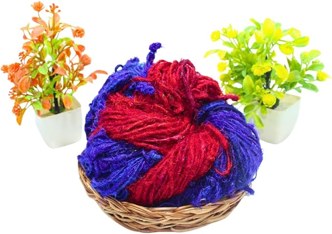 Knitsilk Handspun Recycled Sari Silk Yarn – Red & Blue Combo | 2 x 100g Skeins | Eco-Friendly Bulky Yarn for Knitting, Crocheting & Weaving