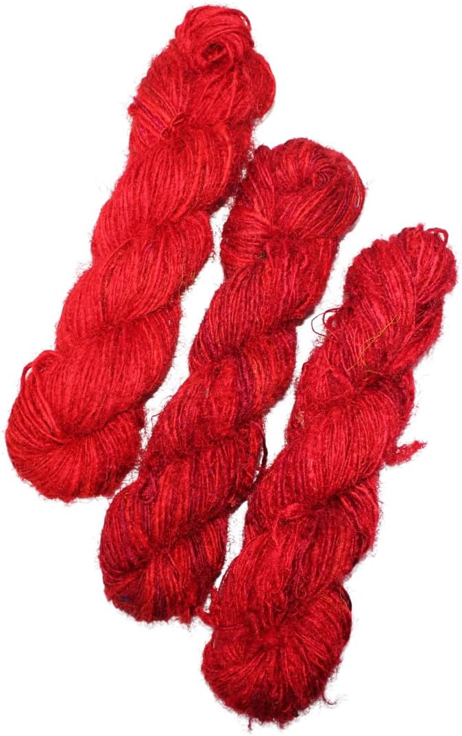 Knitsilk Premium Recycled Sari Silk Worsted Yarn(150+Yards)-Best for Knitting, Crocheting, and Jewelry Making Sustainable and Unique Texture Yarn (Red)