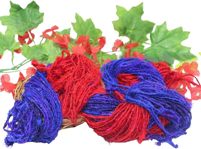 Knitsilk Handspun Recycled Sari Silk Yarn – Red & Blue Combo | 2 x 100g Skeins | Eco-Friendly Bulky Yarn for Knitting, Crocheting & Weaving