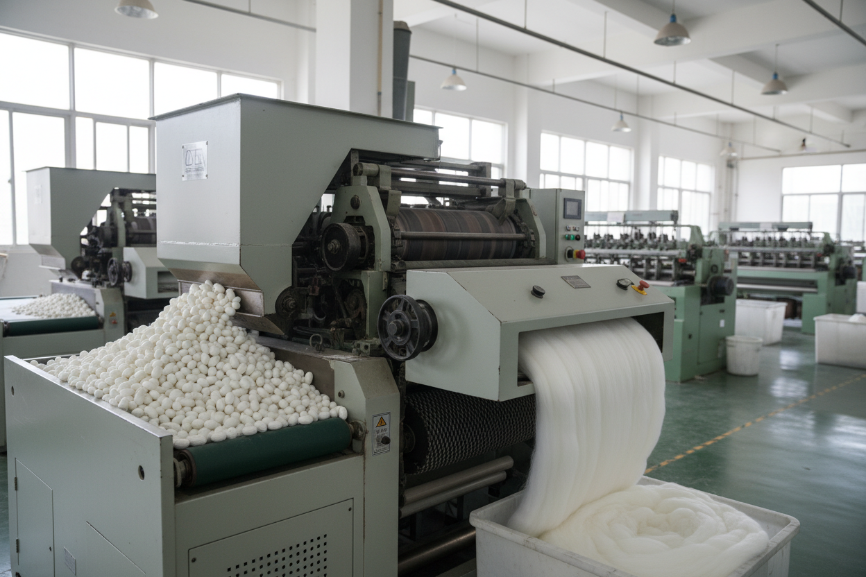 Silk cocoons being processed into silk sliver in textile factory