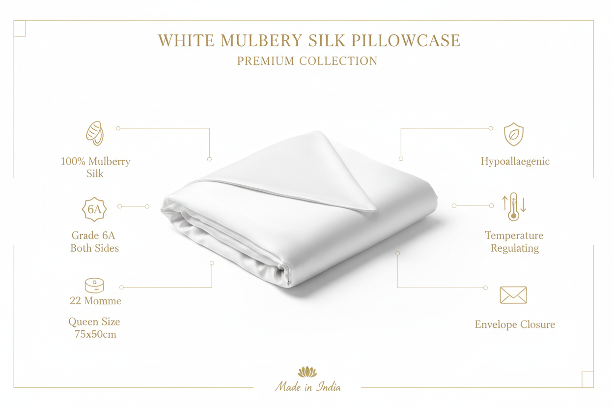 Specs Infographic – White Silk Pillowcase