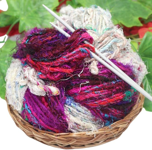 Knitsilk Handspun Recycled Sari Silk Yarn – White & Multicolor Combo | 2 x 100g Skeins | Eco-Friendly Bulky Yarn for Knitting, Crocheting & Weaving