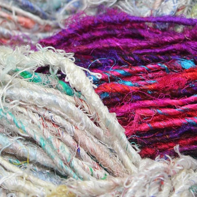 Knitsilk Handspun Recycled Sari Silk Yarn – White & Multicolor Combo | 2 x 100g Skeins | Eco-Friendly Bulky Yarn for Knitting, Crocheting & Weaving