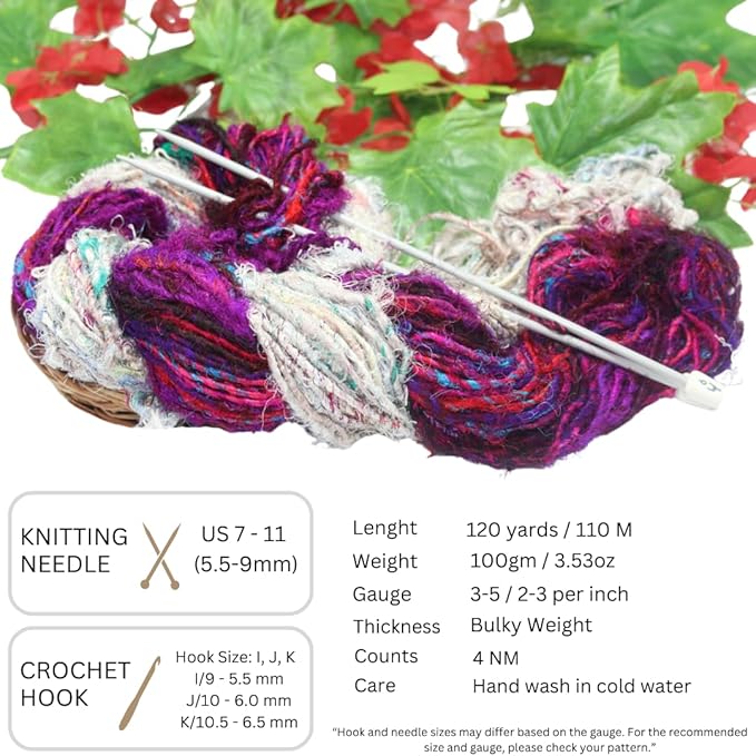 Knitsilk Handspun Recycled Sari Silk Yarn – White & Multicolor Combo | 2 x 100g Skeins | Eco-Friendly Bulky Yarn for Knitting, Crocheting & Weaving