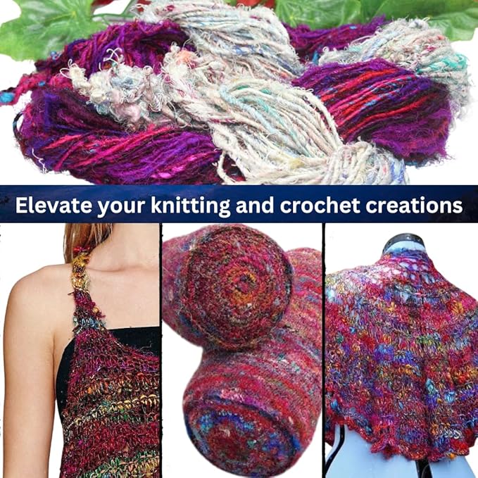 Knitsilk Handspun Recycled Sari Silk Yarn – White & Multicolor Combo | 2 x 100g Skeins | Eco-Friendly Bulky Yarn for Knitting, Crocheting & Weaving
