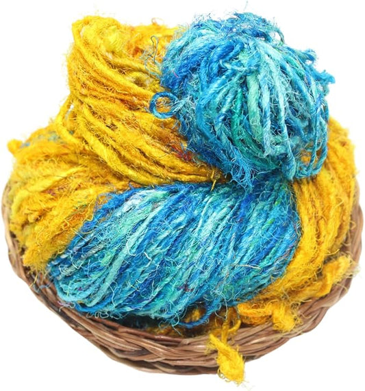 Knitsilk Handspun Recycled Sari Silk Yarn – Yellow & Turquoise Combo | 2 x 100g Skeins | Eco-Friendly Bulky Yarn for Knitting, Crocheting & Weaving