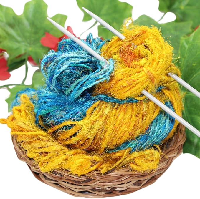 Knitsilk Handspun Recycled Sari Silk Yarn – Yellow & Turquoise Combo | 2 x 100g Skeins | Eco-Friendly Bulky Yarn for Knitting, Crocheting & Weaving