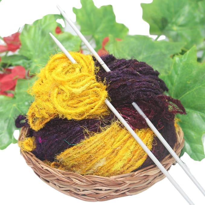 Knitsilk Handspun Recycled Sari Silk Yarn – Brown & Yellow Combo | 2 x 100g Skeins | Eco-Friendly Bulky Yarn for Knitting, Crocheting & Weaving