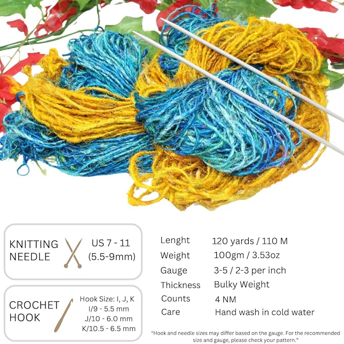 Knitsilk Handspun Recycled Sari Silk Yarn – Yellow & Turquoise Combo | 2 x 100g Skeins | Eco-Friendly Bulky Yarn for Knitting, Crocheting & Weaving