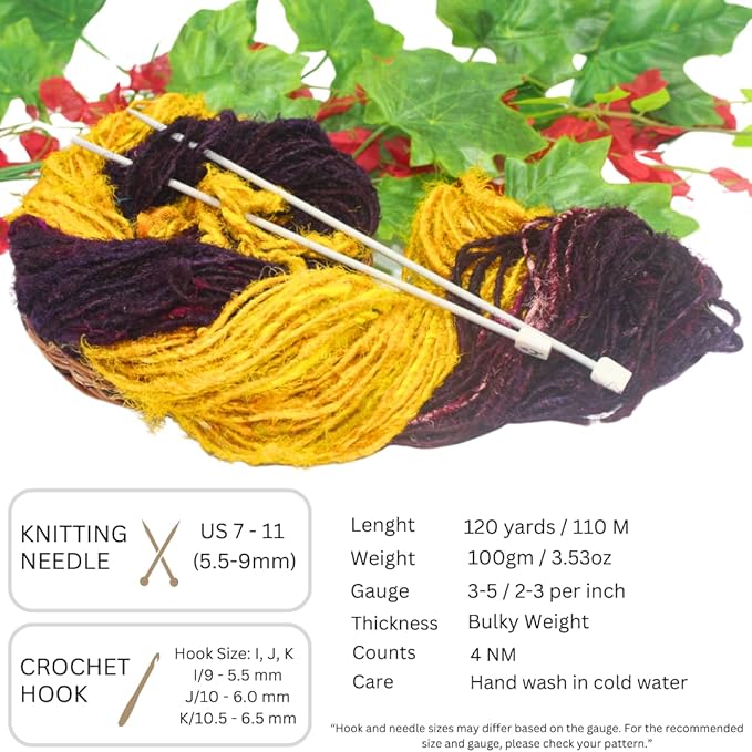 Knitsilk Handspun Recycled Sari Silk Yarn – Brown & Yellow Combo | 2 x 100g Skeins | Eco-Friendly Bulky Yarn for Knitting, Crocheting & Weaving